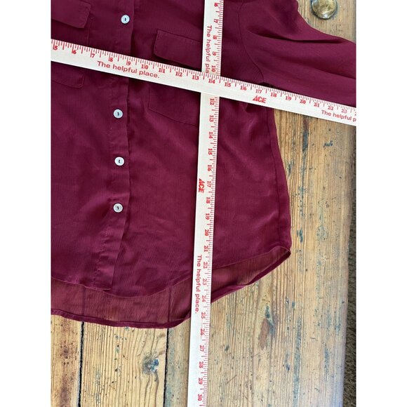 About A Girl‎ Womens Maroon Blouse L Sheer Button-Up Long Sleeve 100% Polyester - Picture 7 of 7